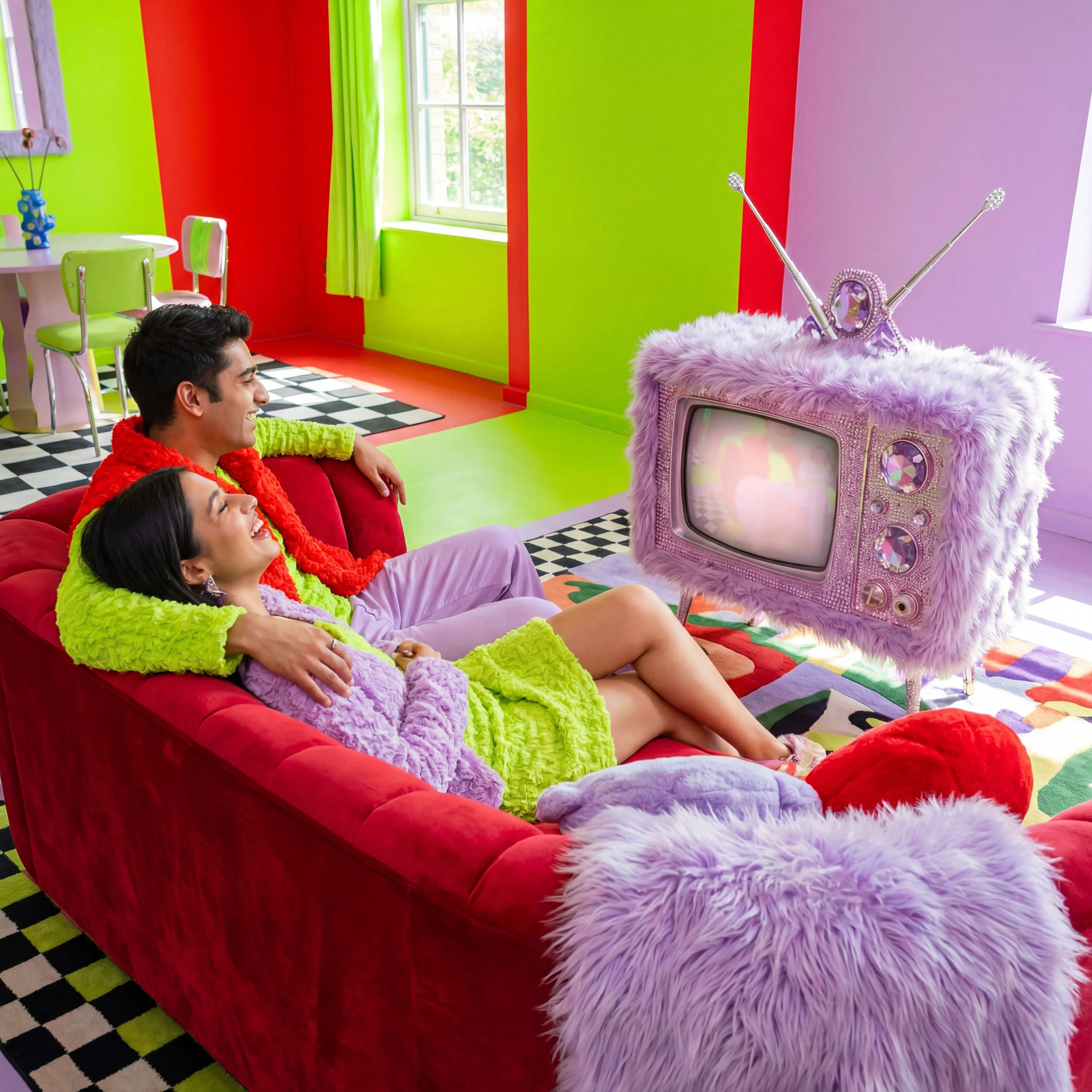 AI-generated couple on a red sofa in a lime and lilac room