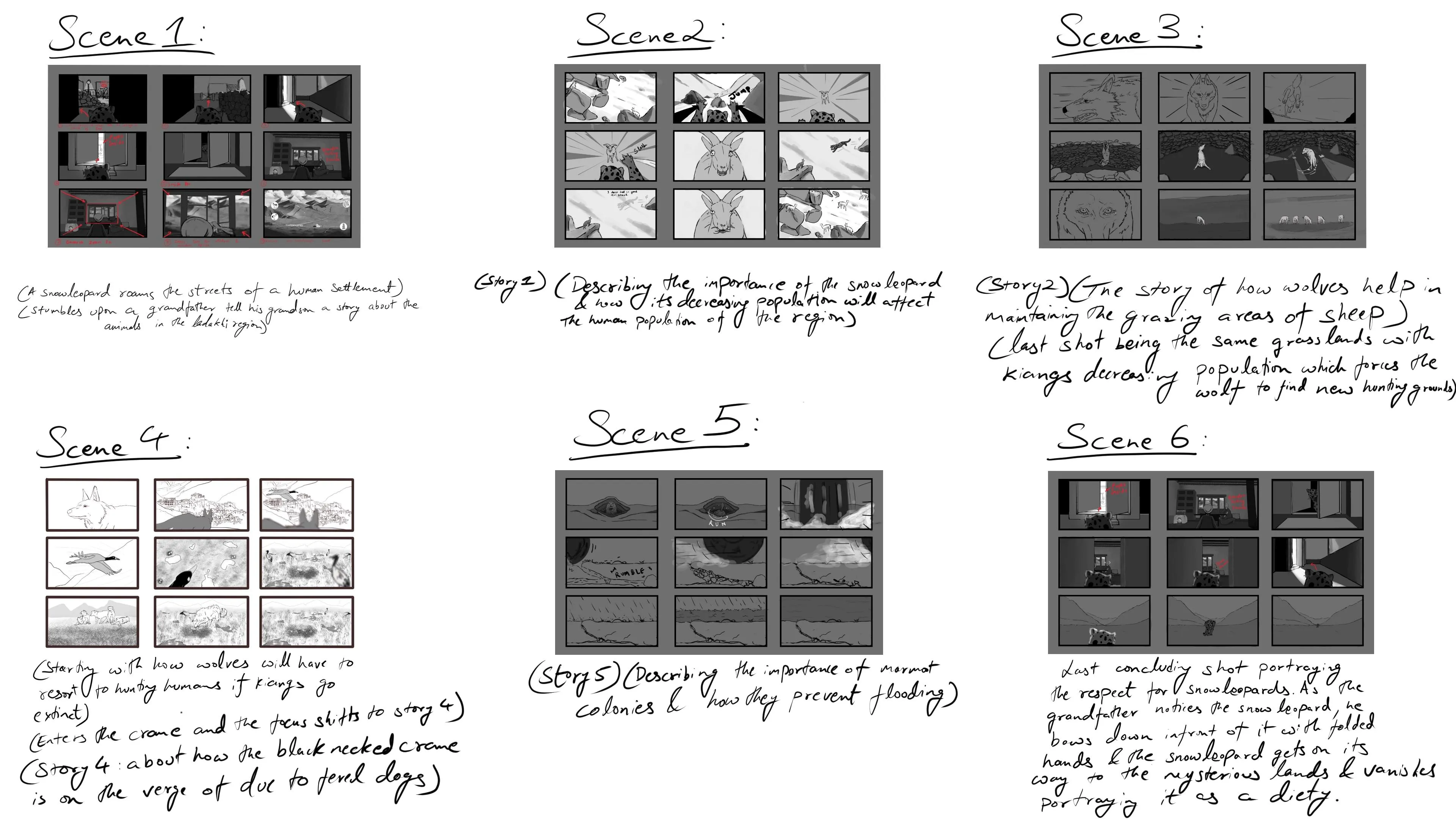 Storyboard overview with scene notes
